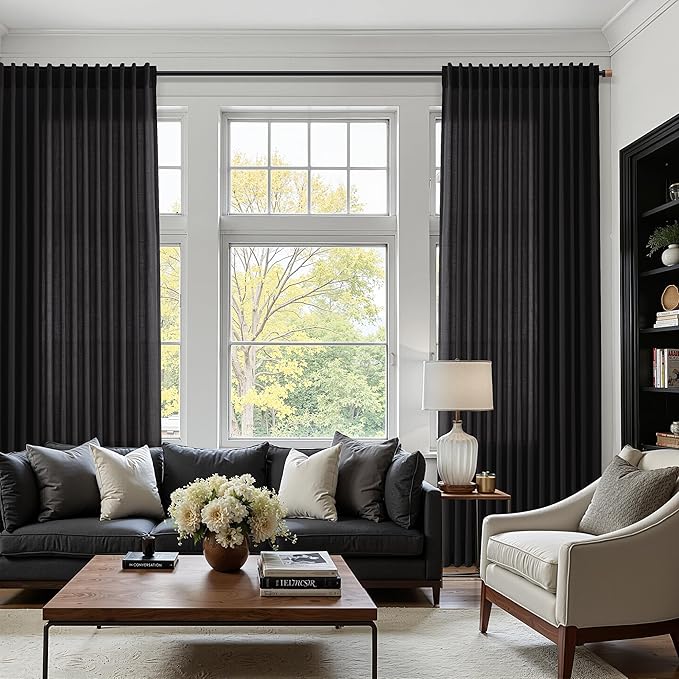 Vintage Black Linen Curtains for Living Room 120 Inches Long Light Filtering Semi Sheer Curtain Back Tab Floor to Ceiling High Window Gothic Vintage Decor Drapes for Bedroom Office 52x120,2 Panels