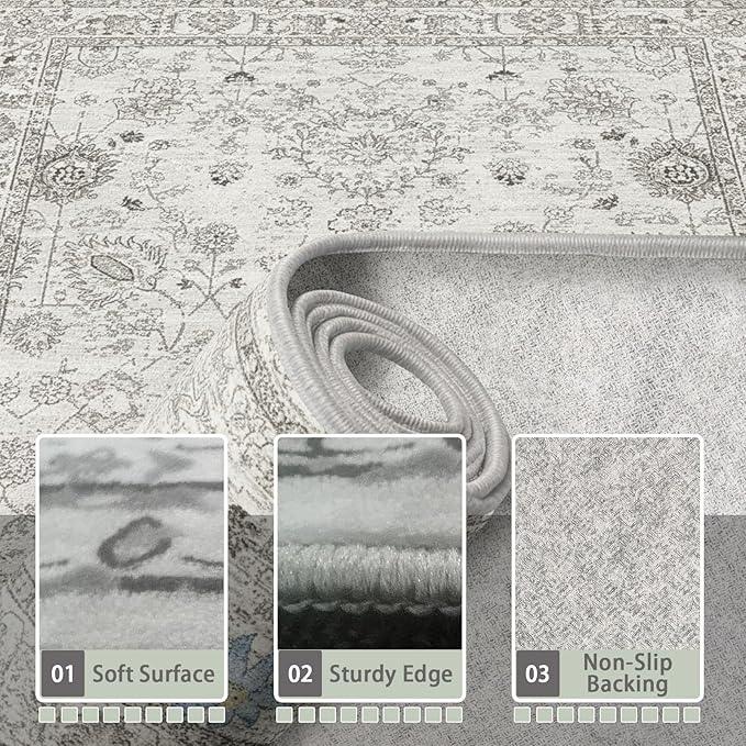 Washable Area Rug 8x10 Gray, Large Soft Rugs for Living Room Floral Grey White Carpet 8x10 Area Rugs for Bedroom Dining Room Non-Slip Stain Resistant Under Table Rug (8 x 10, Grey White)