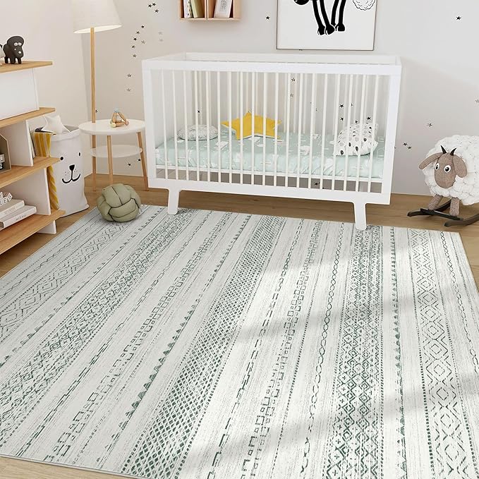 Nakagishi Green Rug Living Room 5x8: Washable Boho Large Neutral Farmhouse Soft Area Rugs Modern Stain Resistant Moroccan Indoor Non-Slip Floor Carpet for Bedroom Nursery Kids Playroom Office