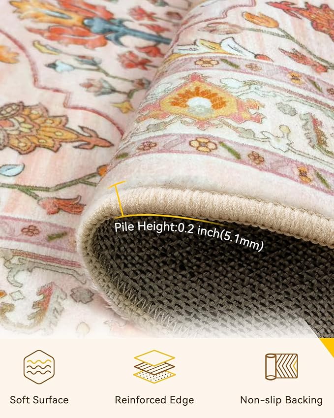 Area Rugs 2'x6' Runner Rug Non Slip Washable for Kitchen Hallway Bedroom Beside Laundry Room Bathroom Rug, Floor Carpet, Light Pink Colorful