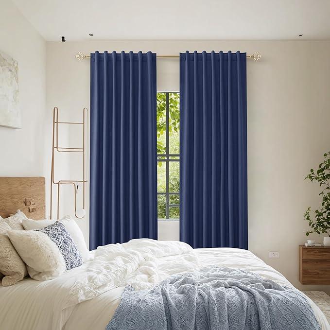 Guken 100% Blackout Curtains 120 Inch Length 2 Panels Set for Living Room Bedroom Back Tab Thermal Insulated Black Out Linen Drapes Room Darkening Window Curtains Classic Blue 52x120