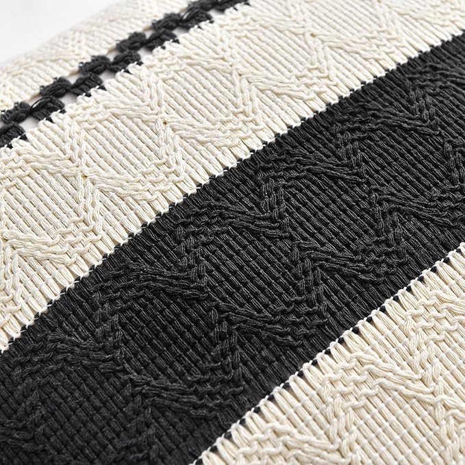 Fancy Homi Set of 1 Boho Black Decorative Throw Pillow Cover 20x20 Inch for Couch Bed Sofa, Aesthetic Modern Organic Farmhouse Home Decor, Soft Cotton Cute Accent Macrame Woven Cushion Case