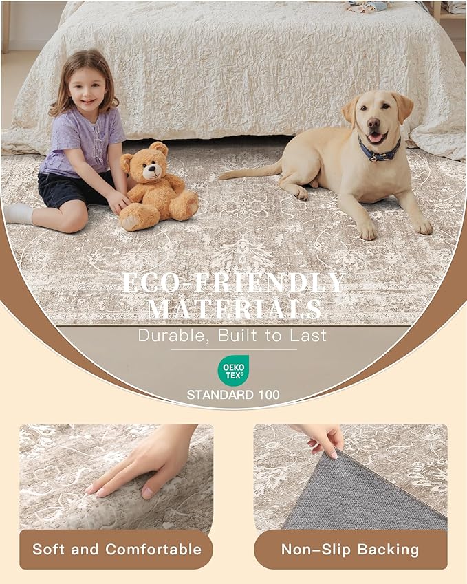 Madane Living Room 10x14 Area Rugs, Washable Low Pile Non-Slip Stain Resistant Extra Large Thin Rug, Vintage Soft Throw Carpet for Dining Room Bedroom Farmhouse Home Office Decor (10 x 14, Brown/Sand)