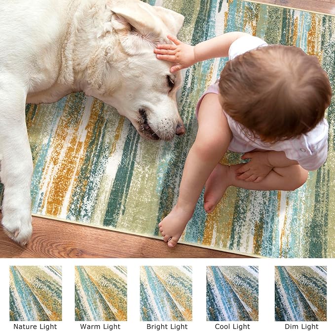 Lansny Modern Abstract Runner Rug 2x10, Green Mustard Multi Washable Long Kitchen Runner Non-Slip Soft Hallway Rug Runner Thin Print Faux Wool Carpet for Entryway Bedroom Laundry Room Indoor