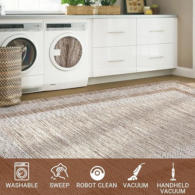 Washable 2.5x10 Kitchen Runner Rug, Easy Clean Geometri Rugs for Hallway Entryway, Indoor Outdoor Non Slip Rug Farmhouse Morden Carpet Door Mat Area Rug for Laundry Room Brown