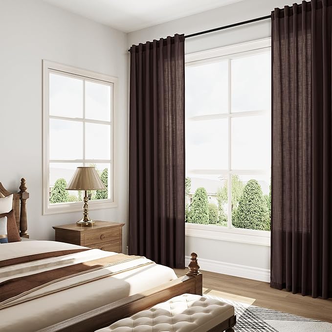 Coffee Brown Linen 112 Inch Curtains for Living Room Light Filtering Semi Sheer Curtain Back Tab Modern Rustic Home Decor Neutral Drapes Floor to Ceiling High Window for Bedroom 52x112, 2 Panels