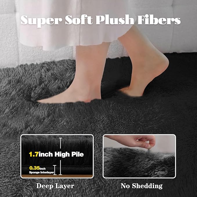 Black Round Rugs for Bedroom: 4ft Circle Fluffy Shag Soft Washable Rug Small Fuzzy Plush Indoor Carpet for Kids Girls Boys Nursery Dorm Classroom (Black, 4'x4')