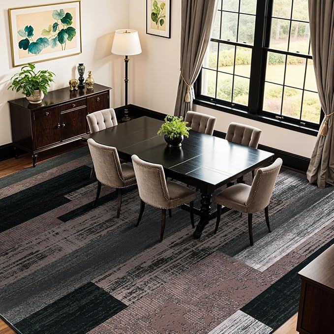 LIANLAM 9x12 Washable Area Rugs for Living Room and Bedroom, Vintage Checkered Pattern Non-Slip Carpet, Stain Resistant Low Pile Soft Rug for Dining Room,Office,Nursery,Kids Room(9x12,Chocolate)