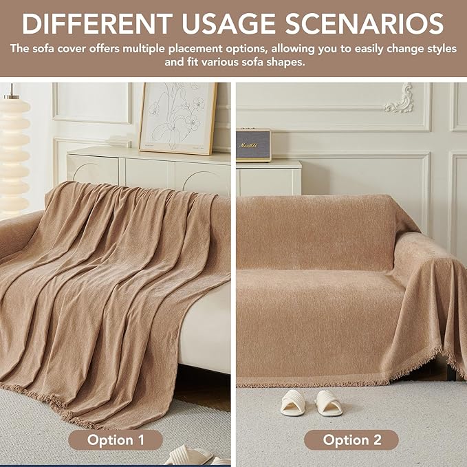 Couch Cover for Dogs, Boho Sofa Covers for 3 Cushion Couch, Chenille Sofa Slipcover for Pets Washable, L-Shape Sectional Couch Loveseat Cover Soft Throw Blankets with Tassels(71x134,Khaki)