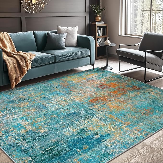 Washable Area Rugs 9'x12' Non-Slip Modern Abstract Soft for Living Room Entryway Bedroom Nursery, Print Pattern, Teal Blue Green Orange Rust Red Coloreful
