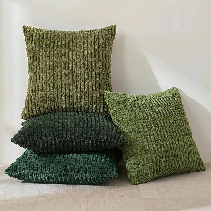 Fancy Homi Set of 4 Green Boho Decorative Throw Pillow Covers 18x18 Inch for Couch Bed Sofa, Aesthetic Modern Bohemian Room Decor, Soft Fuzzy Fluffy Cozy Corduroy Cushion Case 45x45cm