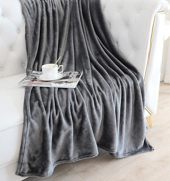 TASTHROW Large Flannel Fleece Throw Blanket, 50×70 Inch - Cozy Lightweight Thick Blanket - All Seasons Suitable for Women, Men and Kids (Grey)