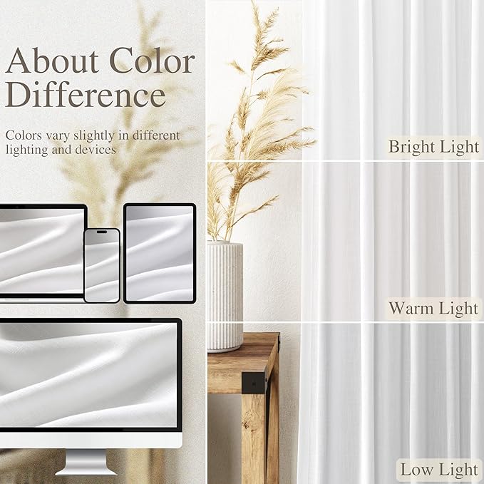 Nanspring 48 Inch Linen Curtains, White Light Filtering Curtain Back Tab and Rod Pocket Neutral Modern Farmhouse Coastal Decor Curtains for Living Room Bedroom 34 x 48 Inch, 2 Panels