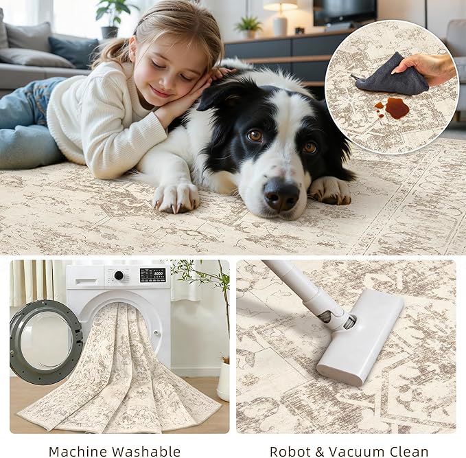 8x10 Area Rugs for Living Room: Vintage Boho Neutral Washable Rug Indoor Soft Large Area Rug Carpet for Bedroom Nursery Farmhouse Dining Room Office Floor Non-Slip Low Pile Under Table Rug Beige/Ivory