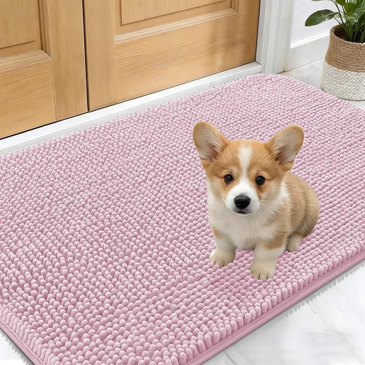 OLANLY Dog Door Mat for Muddy Paws 24x16, Absorbs Moisture and Dirt, Absorbent Non-Slip Washable Doormat, Quick Dry Chenille Mud Mat for Dogs, Entry Indoor Entryway Carpet for Inside Floor, Dusty Rose