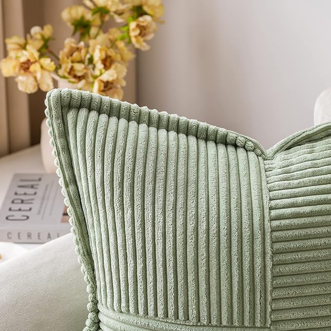 MIULEE Spring Decorative Throw Pillow Covers for Couch Bed Livingroom 20x20 Inch Set of 2 Sage Green Boho Accent Throw Pllows Broadside Striped Patchwork Soft Corduroy Pillowcases