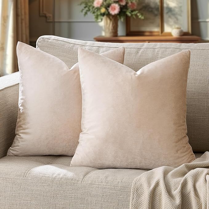 GIGIZAZA 22x22 Beige Pillow Covers: Pack of 2 Champagne Vintage Throw Pillows Super Soft Velvet Covers - Decorative Elegant Square Big Solid Cushion Covers Used for Couch,Living Room,Bedroom