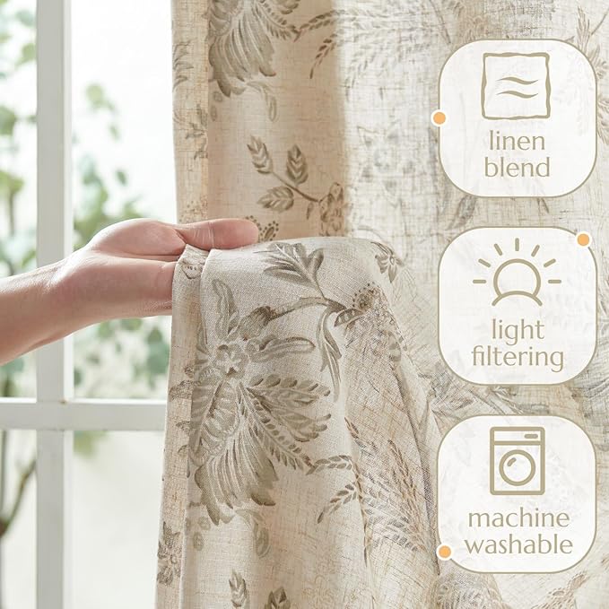 jinchan Linen Floral Curtains for Living Room with Printed Flower 84 Inches Long Light Filtering French Country Back Tab Rod Pocket Taupe Window Curtain Set Farmhouse Drapes 2 Panels Taupe