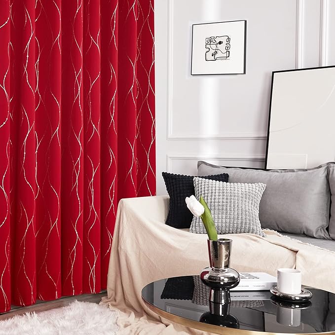Deconovo Short Blackout Curtains, Christmas Red Curtain, Thermal Insulated Soundproof Drapes, Wave Line Dots Foil Print, 38 x 54 Inch, 2 Panels, Machine‑Washable Window Drape for Kitchen Small Window