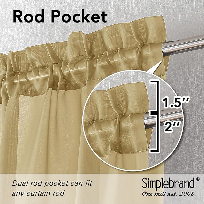 Simplebrand Gold Sheer Curtains, 63" Length, 2 Panels Set - Light Filtering, Rod Pocket Window Curtains for Bedroom (Gold, 59" W x 63" L)