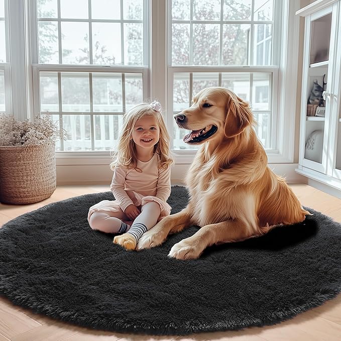 ONASAR Black Round Rugs 8ft for Living Room, Fluffy Bedroom Circle Area Rug, Soft Plush Fuzzy Shaggy Carpet Mat for Kids Girls Boys Teen Nursery Dorm Classroom Home Office Decor Aesthetic