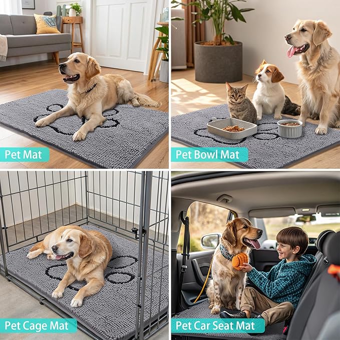 Smiry Dog Door Mat for Muddy Paws, Absorbent Dirt Trapper Non Slip Quick Dry Washable Chenille Mat for Mud Dogs, Entry Rug for Indoor and Outdoor (47x32 Inches, Grey and Black)