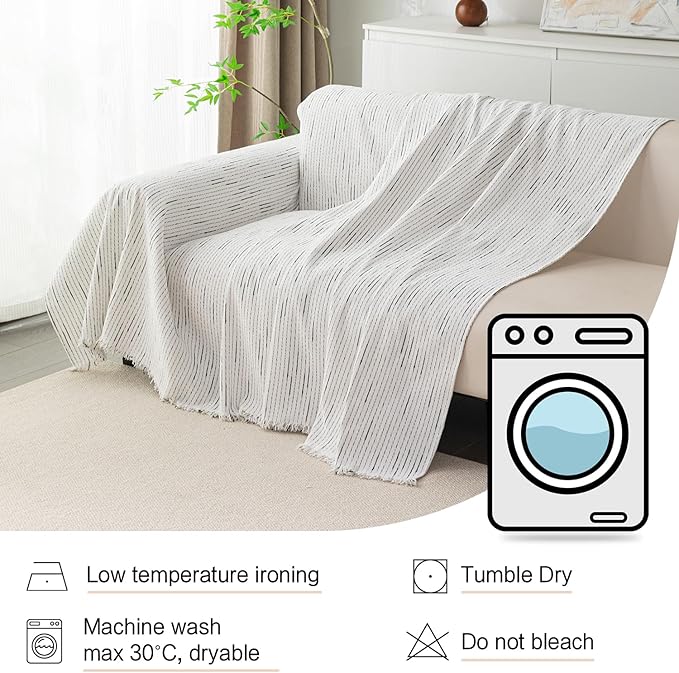 MYSKY HOME Boho Couch Cover White Sofa Covers with Tassel Farmhouse Sofa Slipcover Simple Couch Protector for Dogs Chenille Sectional Couch Covers L Shaped Couch Cushion Covers, 91"x 134"