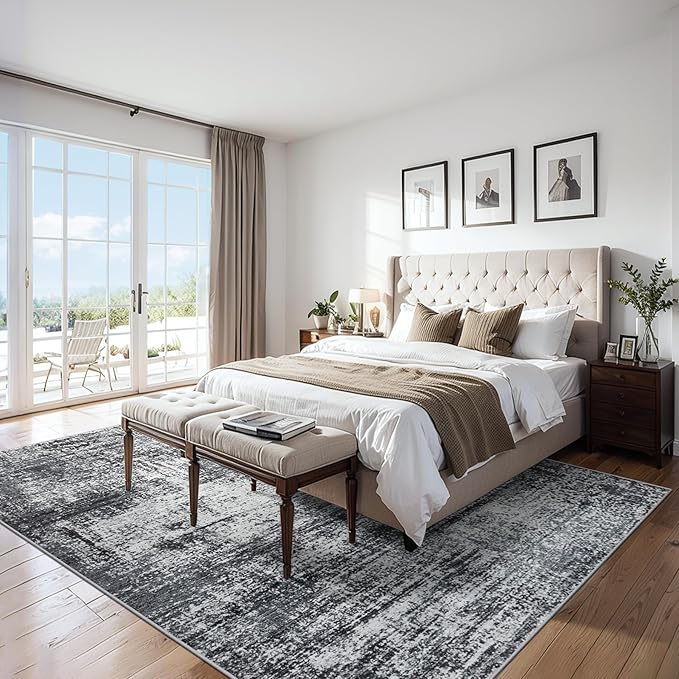 Area Rugs 9x12 Living Room - Washable Rug Modern Abstract Soft Large Neutral Non-Slip Carpet Indoor Floor Thin Carpets for Bedroom Dining Room Farmhouse Nursery Home Office Dark Black