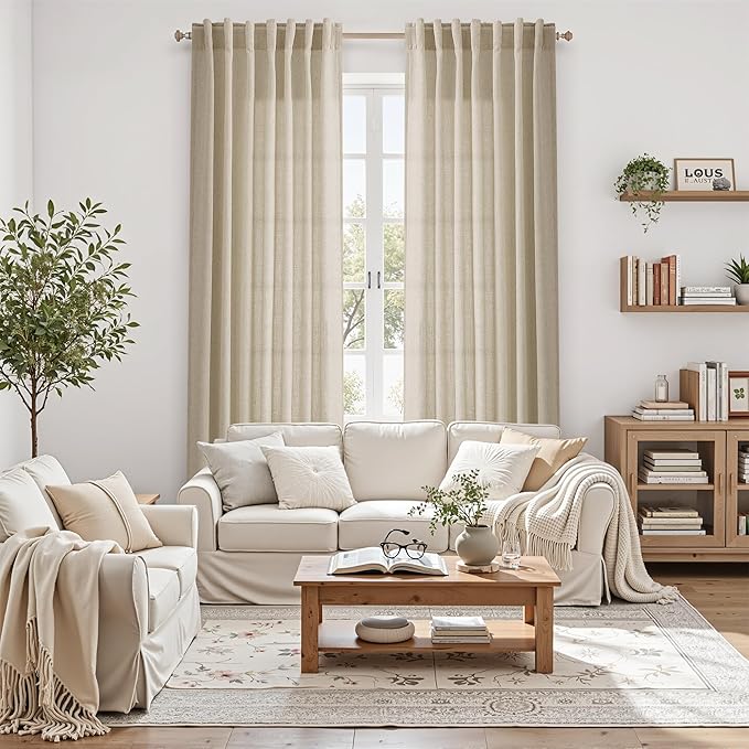 Nanspring Eggshell Beige Curtains 90 Inches Long for Living Room Linen Light Filtering Semi Sheer Curtain Back Tab Rod Pocket Rustic Decor Neutral Elegant Drapes for Bedroom 52x90, 2 Panels