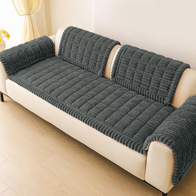 hyha Couch Covers for Dogs Washable, Non Slip Plush Dog Sofa Protectors, Fuzzy Pet Couch Covers for 3 Cushion Sofa Pet Friendly (Dark Grey, 27.6" x 70.9")