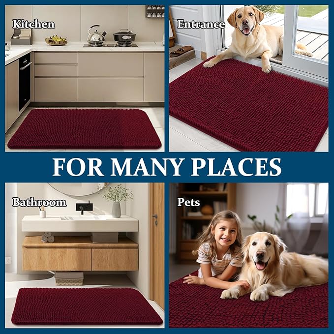 OLANLY Dog Door Mat for Muddy Paws 47x17, Absorbs Moisture and Dirt, Absorbent Non-Slip Washable Doormat, Quick Dry Chenille Mud Mat for Dogs, Entry Indoor Entryway Carpet for Inside Floor, Burgundy