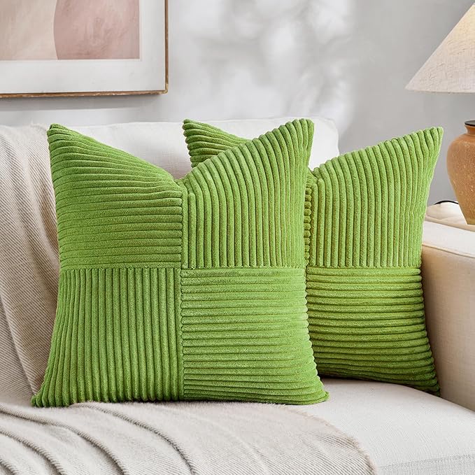 Fancy Homi Set of 2 Lime Green Euro Decorative Throw Pillow Covers 26x26 Inch for Bedroom Couch Bed, Farmhouse Boho Home Decor, Soft Cross Corduroy Patchwork Textured Square Cushion Case 66x66 cm