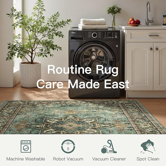 Lofus 5x7 Area Rugs for Living Room, Washable Area Rug, Rugs for Bedroom, Kitchen, Vintage Boho Carpet, Soft Non-Slip, Low Pile Large Area Rug for Office Dining Room, Green