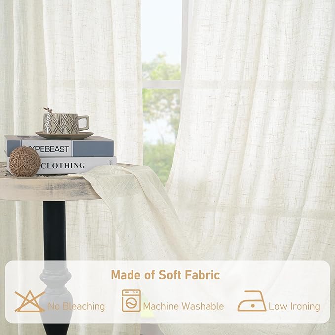 LAMIT Cream Linen Curtains for Living Room 84 inch Length 2 Panels, Light Filtering Semi Sheer Panels Back Tab and Rod Pocket Boho Drapes for Bedroom/Farmhouse, 42 x 84 Inch