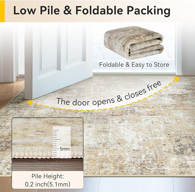 Washable Area Rugs 4'x6' Non-Slip Modern Abstract Soft for Living Room Entryway Bedroom Nursery, Print Pattern, Neutral Brown Gray
