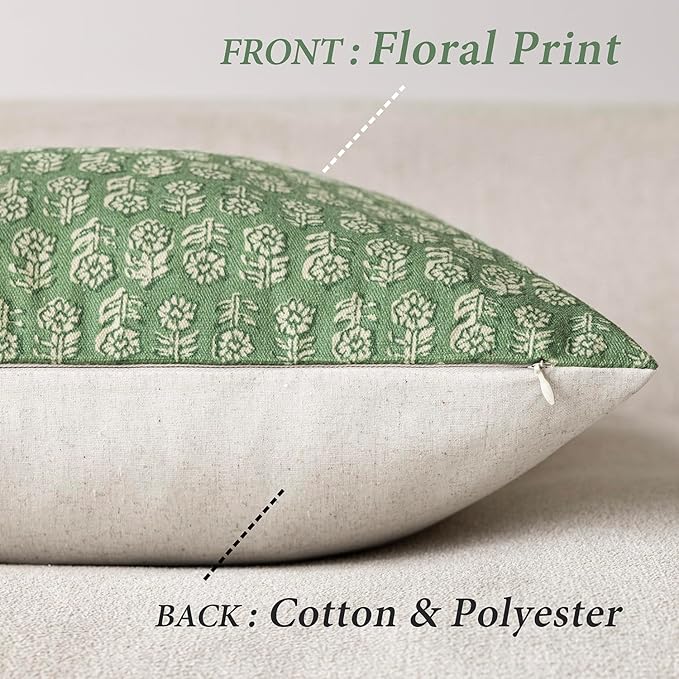Foindtower Set of 2 Decorative Neutral Floral Print Throw Pillow Covers Vintage Accent Farmhouse Cushion Covers Boho Home Decor For Sofa Couch Chair Bedroom Living Room Outdoor,22×22 Inch,Forest Green