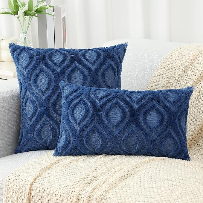 decorUhome Throw Pillow Covers 12x20 Inch Set of 2, Soft Plush Faux Wool Dark Blue Solid Couch Pillow Covers, Accent Farmhouse Neutral Rectangle Pillow Cases for Sofa Bed Living Room