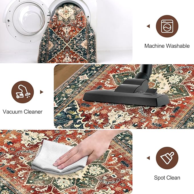 Yamaziot Washable Runner Rug, 2x8 Non-Slip Boho Vintage Hallway Rug Runner with Rubber Backing, Stain Resistant & Low Pile Faux Wool Distressed Carpet Runner for Kitchen, Laundry, Entrance, Brick Red