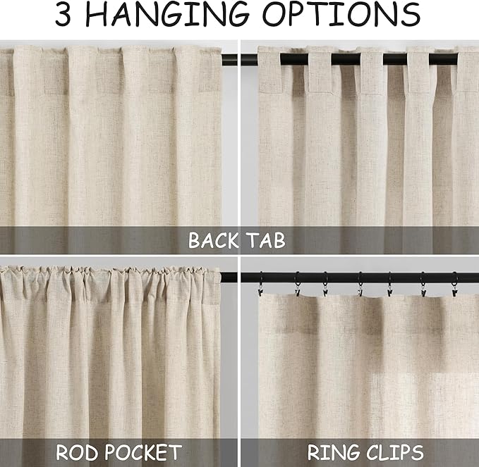 Extra Long Tan Beige Curtains 120 inch Length 2 Panels Set Back Tab Neutral Farmhouse Drapes Light Filtering Semi Sheer Linen Curtain 120 inches Long for Floor to Ceiling Window Patio Sliding Door