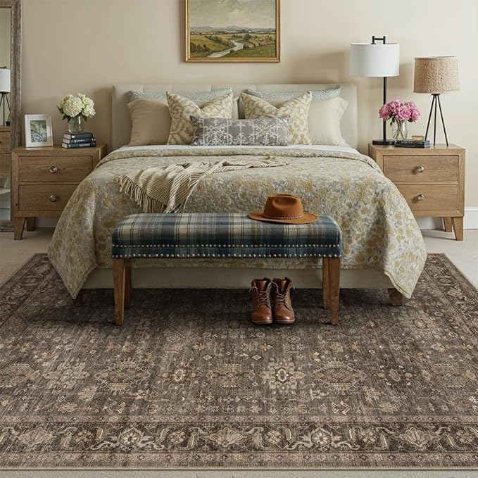 8x10 Washable Area Rug for Living Room Bedroom Vintage Brown Non Slip Carpet Traditional Retro Soft Low Pile Large Throw Rug for Dining Room Kitchen Office Indoor
