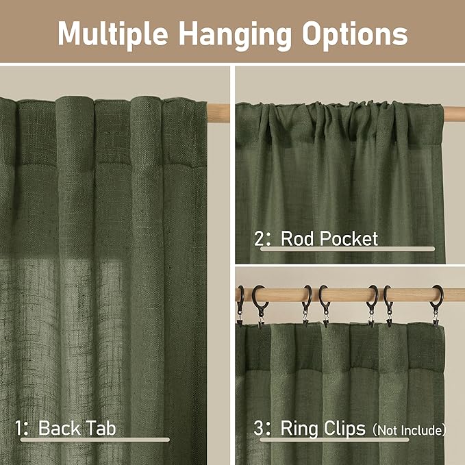 LAMIT 95 Inches Long Olive Green Linen Curtains for Living Room, Back Tab and Rod Pocket Linen Textured Curtains Light Filtering Christmas Drapes for Bedroom/Dining Room, Set of 2, 52 x 95 Inch