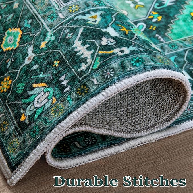 SERISSA Washable 8x10 Area Rugs Teal, Large Non-Slip Boho Living Room Rug, Ultra Soft Print Distressed Vintage Oriental Tribal Farmhouse Carpet for Dining Room Bedroom Dorm Office Home Decor