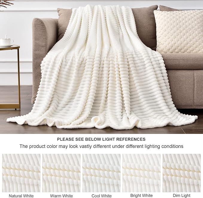 BEDELITE Fleece Blanket Twin Size – 3D Ribbed Jacquard Soft and Warm Decorative Fuzzy Blankets – Cozy, Fluffy, Plush Lightweight Throw Blankets for Couch, Bed, Sofa(Off White, 60x80 inches)