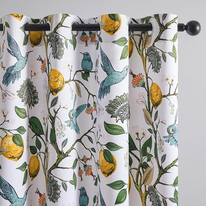 Topfinel Kitchen Curtains 45 Inch Length White Vintage Blackout Curtains for Cafe Kitchen, Short Grommet Luxury Whimsical Floral Hummingbird Patterned 45 Inches Long for Living Room Bedroom