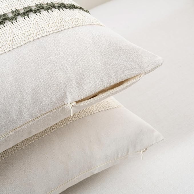 Fancy Homi Set of 1 Boho Olive Green Lumbar Decorative Throw Pillow Cover 12x20 Inch for Couch Bed Sofa Chair, Modern Organic Farmhouse Home Decor, Soft Cotton Cute Accent Rectangle Cushion Case