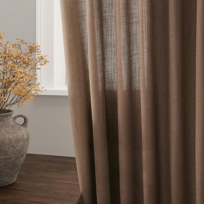 Nanspring Caramel Brown Linen Curtains 63 Inches Length 2 Panels Set for Living Room Back Tab Pocket Light Filtering Semi Sheer Drapes Elegant Farmhouse Cotton Linen Textured Window Curtain 52X63