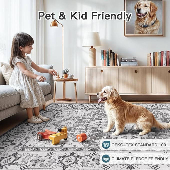 Lofus 5x7 Area Rugs for Living Room, Washable Area Rug, Rugs for Bedroom, Kitchen, Vintage Boho Carpet, Soft Non-Slip, Low Pile Large Area Rug for Office Dining Room, Floral Grey