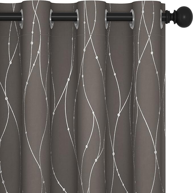 Deconovo Blackout Curtains, Thermal Insulated Soundproof Grommet Drapes, Wave Dots Silver Print, 52 x 45 Inch, Set of 2, Machine Washable Window Panel for Kitchen Bedroom Living Room Nursery, Taupe
