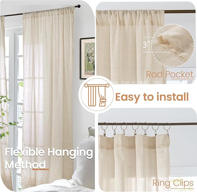 BGment Natural Linen Curtains 45 Inch Length for Short Windows, Drapes Light Filtering for Farmhouse Bathroom Cafe Decor Rustic Lightweight Rod Pocket, 2 Panels Set, 42 Inch Wide Each Panel