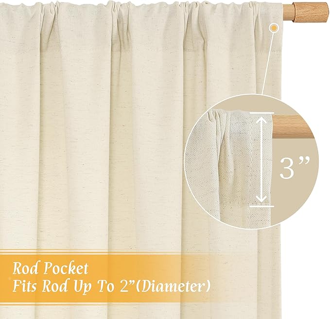 LAMIT 48 Inch Short Window Linen Curtains, Light Beige Soft Thick Light Filtering Panels Rod Pocket Neutral Privacy Faux Linen Drapes for Bedroom/Bathroom/Loft Room, 2 Panels, 42 x 48 Inch
